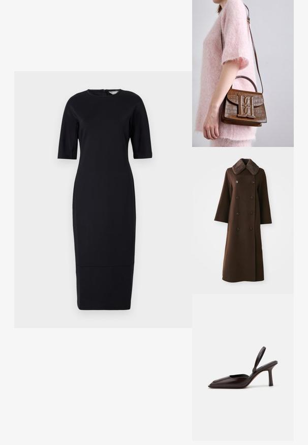 Abrigo marrón de doble botonadura con cuello de piel, mangas largas y silueta recta. Presenta botones negros y una textura suave similar a la lana.; Vestido negro ajustado, hasta las rodillas, con mangas cortas, escote redondo y cremallera en la espalda. Tejido suave con un ligero brillo.; Zapatos de charol marrón con tacón alto y delgado, y punta afilada. Presentan un diseño elegante y una textura de superficie suave.; Bolso de mano marrón con estampado de cocodrilo, que incluye un asa superior y una correa para el hombro. Presenta un logo prominente en la solapa frontal. Textura suave.