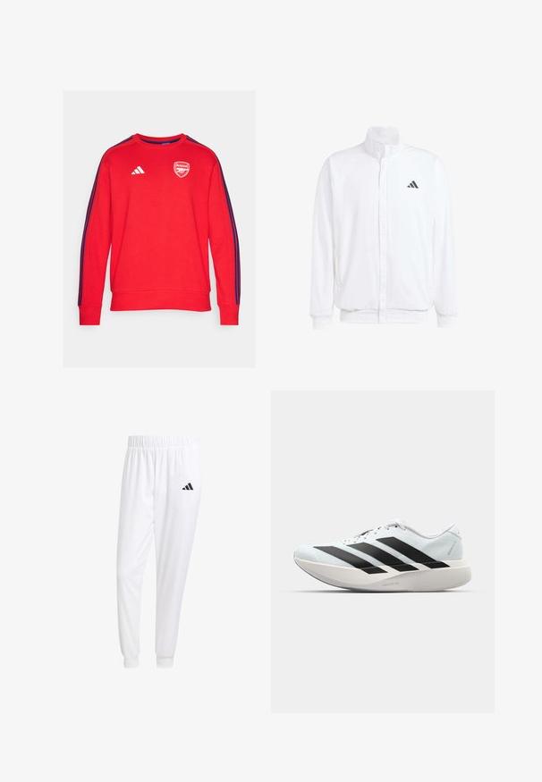 White lightweight jacket featuring a stand collar, front zipper closure, side pockets, and a black Adidas logo on the left chest. Soft texture.; adidas Performance ARSENAL FC DNA SWEAT - Sweatshirt - better scarlet; White athletic pants made of smooth fabric, featuring an elastic waistband and fitted cuffs, with a black logo on the back pocket.; Lightweight running shoes in pale blue with black stripes. Features a smooth upper, round toe, and thick white midsole labeled "LIGHTSTRIKE PRO."