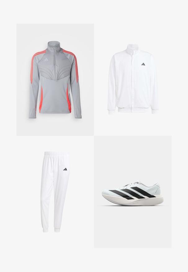 Weiße leichte Jacke mit Stehkragen, durchgehendem Reißverschluss, seitlichen Taschen und schwarzem Adidas-Logo auf der linken Brust. Weicher Stoff.; Graue Sportjacke mit hohem Kragen, strukturiertem Brustbereich und orangen Streifen an Schultern und Seiten. Leichtes Material.; Weiße Sporthose aus glattem Stoff, mit einem elastischen Bund und enganliegenden Bündchen, mit einem schwarzen Logo auf der Gesäßtasche.; Leichte Laufschuhe in hellblau mit schwarzen Streifen. Sie verfügen über ein glattes Obermaterial, eine runde Zehenpartie und eine dicke weiße Zwischensohle, die mit "LIGHTSTRIKE PRO" beschriftet ist.