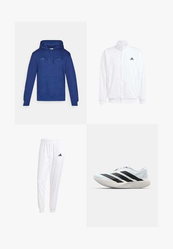 White lightweight jacket featuring a stand collar, front zipper closure, side pockets, and a black Adidas logo on the left chest. Soft texture.; Blue cotton hoodie with a front pocket, adjustable drawstring hood, and embroidered "Champion" logo in matching blue on the chest.; White athletic pants made of smooth fabric, featuring an elastic waistband and fitted cuffs, with a black logo on the back pocket.; Lightweight running shoes in pale blue with black stripes. Features a smooth upper, round toe, and thick white midsole labeled "LIGHTSTRIKE PRO."