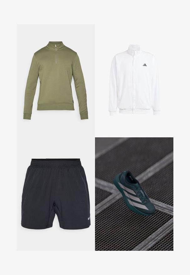 Fehér, könnyű dzseki, álló gallérral, elülső cipzáros záródással, oldalsó zsebekkel és fekete Adidas logóval a bal mellen. Puha tapintású.; Olíva zöld pulóver, magas nyakkal és félig zippes záródással. Hosszú ujjú, ribbesített mandzsettákkal, puha anyagból készült.; Fekete rövidnadrág, elasztikus derékkal, sima, könnyű anyagból készült, kicsi logóval a jobb alsó oldalon.; Sötét teal színű sportcipő texturált felsőrésszel, három fehér csíkkal, lekerekített orral és párnázott talppal.