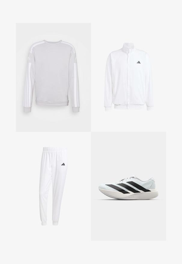Bílá lehká bunda s stojatým límcem, předním zipem, bočními kapsami a černým logem Adidas na levé hrudi. Měkká textura.; Svetle šedá mikina s dlouhými rukávy, kulatým výstřihem a bílými vertikálními pruhy na ramenou. Měkká textura a ležérní design.; Bílé sportovní kalhoty vyrobené z hladkého materiálu, s elastickým pasem a přiléhavými manžetami, s černým logem na zadní kapse.; Lehké běžecké boty v světle modré barvě s černými pruhy. Mají hladký svršek, kulatou špičku a silnou bílou mezipodešev označenou "LIGHTSTRIKE PRO."