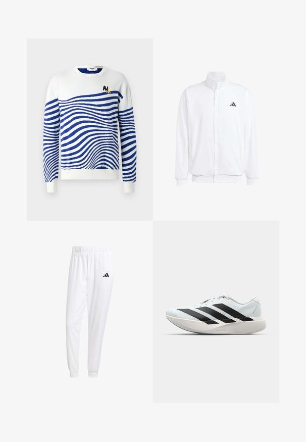 Witte lichtgewicht jas met een staande kraag, voorzijde met rits, zijzakken en een zwart Adidas-logo op de linkerborst. Zachte textuur.; Witte trui met blauwe golvende strepen, ronde hals, lange mouwen en een klein zwart en geel logo op de borst. Zachte brei textuur.; Witte sportbroek van gladde stof, met een elastische tailleband en smalle taillebanden, voorzien van een zwart logo op de achterzak.; Lichte hardloopschoenen in lichtblauw met zwarte strepen. Beschikt over een soepele bovenkant, ronde neusstuk en dikke witte tussenzool met het label "LIGHTSTRIKE PRO."