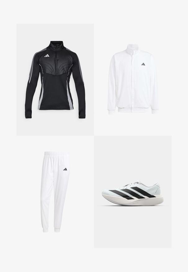 White lightweight jacket featuring a stand collar, front zipper closure, side pockets, and a black Adidas logo on the left chest. Soft texture.; Black athletic pullover with a zip collar, featuring quilted upper panel, gray side stripes, and thumbholes in the sleeves for grip.; White athletic pants made of smooth fabric, featuring an elastic waistband and fitted cuffs, with a black logo on the back pocket.; Lightweight running shoes in pale blue with black stripes. Features a smooth upper, round toe, and thick white midsole labeled "LIGHTSTRIKE PRO."
