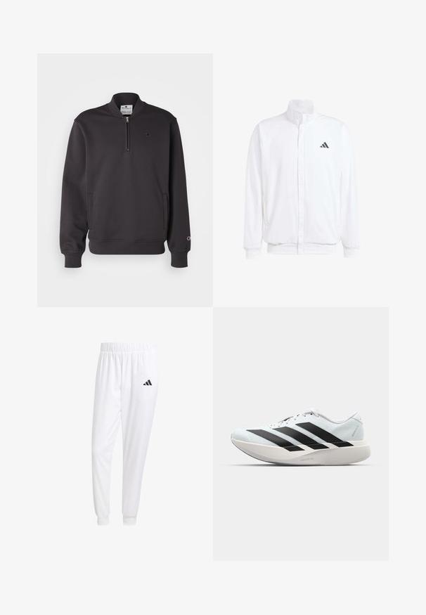 Witte lichtgewicht jas met een staande kraag, voorzijde met rits, zijzakken en een zwart Adidas-logo op de linkerborst. Zachte textuur.; Zwarte sweatshirt van een katoenmix, met een halve rits kraag, twee zijzakken, geribde manchetten en een klein logo op de borst.; Witte sportbroek van gladde stof, met een elastische tailleband en smalle taillebanden, voorzien van een zwart logo op de achterzak.; Lichte hardloopschoenen in lichtblauw met zwarte strepen. Beschikt over een soepele bovenkant, ronde neusstuk en dikke witte tussenzool met het label "LIGHTSTRIKE PRO."
