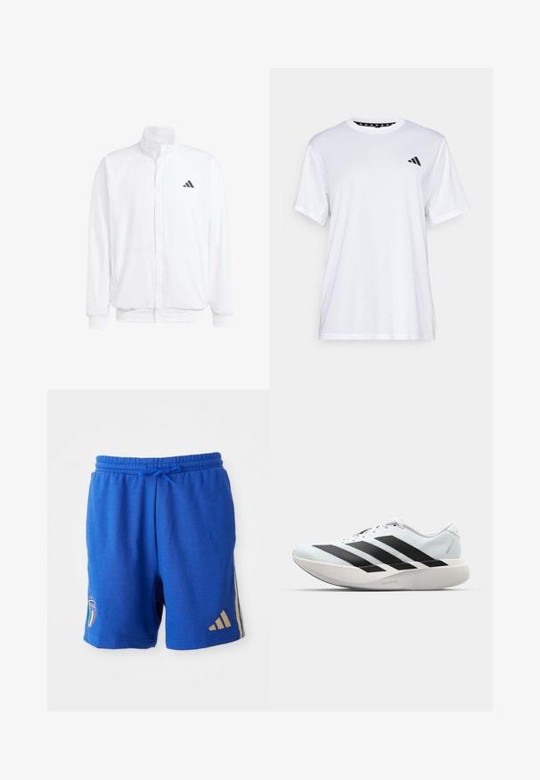 Bijela lagana jakna s visokim ovratnikom, prednjim zatvaračem, bočnim džepovima i crnim Adidas logom na lijevoj sisi. Mekana tekstura.; Bijela atletska majica kratkih rukava, napravljena od tkanine koja upija vlagu. Ima crni logo na lijevoj strani prsiju i uzorčeni unutarnji obrub dekoltea.; Plave atletske kratke hlače od mekog materijala, s elastičnim pojasom i čipkastom vezicom, embljem Italije i zlatnim Adidas trakama sa strane.; Lagane tenisice za trčanje u svijetloplavoj boji s crnim trakama. Imaju glatku gornju površinu, okrugli vrh i debeli bijeli srednji sloj označen "LIGHTSTRIKE PRO."
