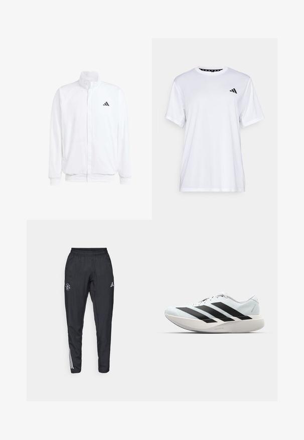 Valge kerge jakk, millel on seisev krae, ees lukuga kinnitus, küljetaskud ja must Adidas logo vasakul rinnal. Pehme tekstuur.; Valge sportlik T-särk lühikeste varrukatega, valmistatud niiskust eemaldavast kangast. Ees on must logo vasakul rinnal ja soe mustriline kaelaosa.; Mustad mustreeritud mustad spordipüksid, millel on elastne vöökoht, tikitud logo reiel ja valged triibud külgedel.; Kerged jooksujalatsid helesinises värvuses mustade triipudega. Omavad siledat pealispinda, ümarat varvase osa ja paksu valget vahemõõtu, millel on silt "LIGHTSTRIKE PRO".