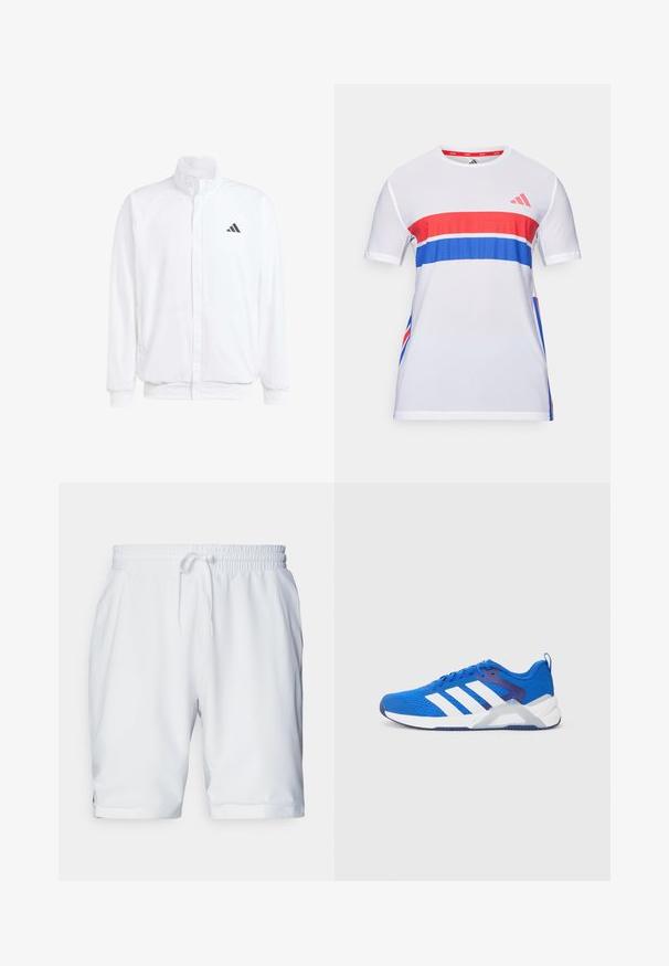 Biela ľahká bunda so stojáčikovým golierom, predným zipsom, bočnými vreckami a čiernym logom Adidas na ľavej hrudi. Mäkčená štruktúra.; Biela športová tričko s červenými a modrými vodorovnými pruhmi, vyrobené z priedušného materiálu, s krátkymi rukávmi a dizajnom s okrúhlym výstrihom.; Biele športové šortky s elastickým pásom a nastaviteľnou šnúrkou. Hladká tkanina s jemnou textúrou, s bočnými vreckami.; Modré športové topánky vyrobené z priedušnej sieťoviny s bielymi pruhmi, textúrovanou špicou a polstrovanou podrážkou pre podporu a trakciu.