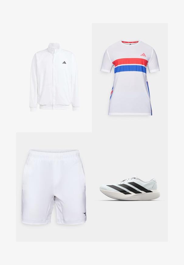 Balts viegls jaciņš ar stāvo apkakli, priekšējo rāvējslēdzēju, sānu kabatām un melnu Adidas logo kreisajā krūtī. Mīksta tekstūra.; Balts sporta T-krekls ar sarkaniem un ziliem horizontāliem svītrainiem, izgatavots no elpojoša auduma, ar īsām piedurknēm un apaļu kakla izgriezumu.; Baltas sporta šorti ar elastīgu jostu, sānu kabatām un melnu logotipu apakšējā labajā stūrī. Gluda, viegla auduma.; Gaiši zili vieglie skriešanas apavi ar melniem svītrainiem. Iezīmēti ar gludu augšpusi, apaļu purngalu un biezāko balto vidējo zoli, kurā ir uzraksts "LIGHTSTRIKE PRO."