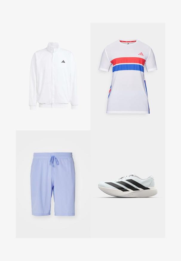 Biela ľahká bunda so stojáčikovým golierom, predným zipsom, bočnými vreckami a čiernym logom Adidas na ľavej hrudi. Mäkčená štruktúra.; Biela športová tričko s červenými a modrými vodorovnými pruhmi, vyrobené z priedušného materiálu, s krátkymi rukávmi a dizajnom s okrúhlym výstrihom.; adidas Performance TENNIS ERGO - Športové šortky - blue spark; Ľahké bežecké topánky v svetlomodrej farbe s čiernymi pruhmi. Majú hladký zvršok, okrúle špičky a hrubú bielu medzipodrážku označenú "LIGHTSTRIKE PRO."