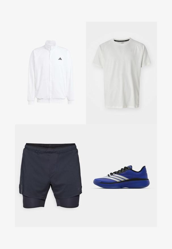 Giacca leggera bianca con colletto alto, chiusura frontale con zip, tasche laterali e logo Adidas nero sul lato sinistro del petto. Texture morbida.; ASICS GAME - T-shirt basic - cream; Pantaloni corti sportivi da uomo in blu navy scuro, con vita elastica, design a strati e mutande interne a compressione. Presentano una tasca laterale e il logo.; adidas Performance ADIZERO SELECT 3.0 - Scarpe da basket - lucid blue/core black/metallic