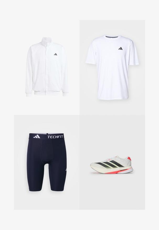 Veste légère blanche avec col montant, fermeture éclair sur le devant, poches latérales, et un logo Adidas noir sur la poitrine gauche. Texture douce.; T-shirt blanc à manches courtes en tissu à texture lisse. Présente un logo adidas noir sur le côté gauche de la poitrine et un col à motifs.; Shorts de sport TECHFIT bleu marine avec une coupe ajustée, une taille élastique avec un logo blanc, et un tissu lisse et extensible.; Baskets blanches avec des rayures noires et vert fluo, dessus texturé, accents rouges sur le talon et une semelle extérieure légère.