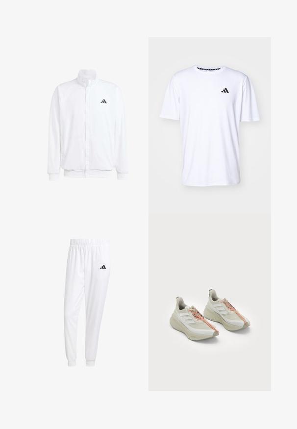 Valge kerge jakk, millel on seisev krae, ees lukuga kinnitus, küljetaskud ja must Adidas logo vasakul rinnal. Pehme tekstuur.; Valge lühikeste varrukatega T-särk, mis on valmistatud sileda tekstuuriga kangast. Vasakul rinnal on must adidas logo ja mustriline krae.; Valged sportpüksid, mis on valmistatud siledast kangast, omavad elastset vöökohta ja kitsaid mansette, tagakoti peal on must logo.; Valged sportlikud jalanõud, millel on tekstuuriga ülemine osa, kolm diagonaalset triipu, oranžad paelad ja pehmendatud, kõverad talladisain.