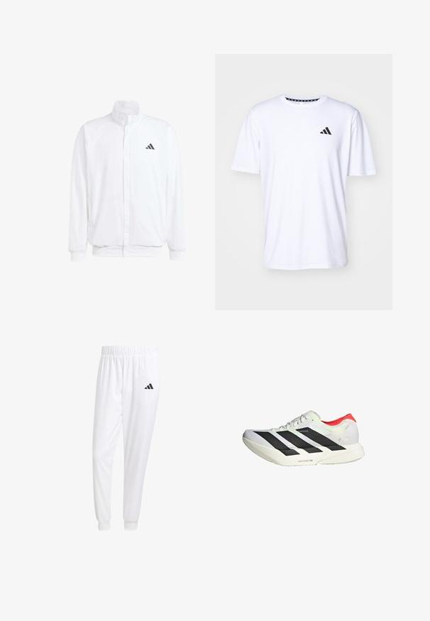 Veste légère blanche avec col montant, fermeture éclair sur le devant, poches latérales, et un logo Adidas noir sur la poitrine gauche. Texture douce.; T-shirt blanc à manches courtes en tissu à texture lisse. Présente un logo adidas noir sur le côté gauche de la poitrine et un col à motifs.; Pantalons de sport blancs en tissu lisse, dotés d'une taille élastique et de poignets ajustés, avec un logo noir sur la poche arrière.; Chaussure de sport blanche avec des rayures diagonales noires, des accents rouges au talon et une tige texturée ; elle est dotée d'un amorti LIGHTSTRIKE PRO.
