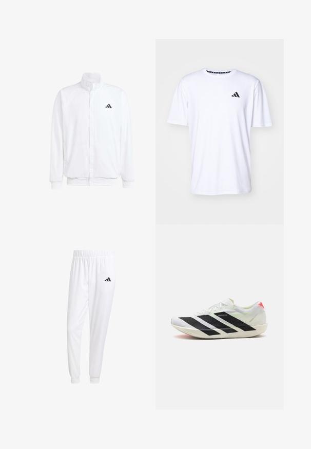 Witte lichtgewicht jas met een staande kraag, voorzijde met rits, zijzakken en een zwart Adidas-logo op de linkerborst. Zachte textuur.; Witte T-shirt met korte mouwen, gemaakt van stof met een gladde textuur. Heeft een zwart adidas-logo op de linkerborst en een geborduurde kraag.; Witte sportbroek van gladde stof, met een elastische tailleband en smalle taillebanden, voorzien van een zwart logo op de achterzak.; Witte sportieve schoen met zwarte diagonale strepen, gemaakt van lichtgewicht mesh materiaal, groene accenten en een rode hielstrook; heeft een slank, verlengd ontwerp.