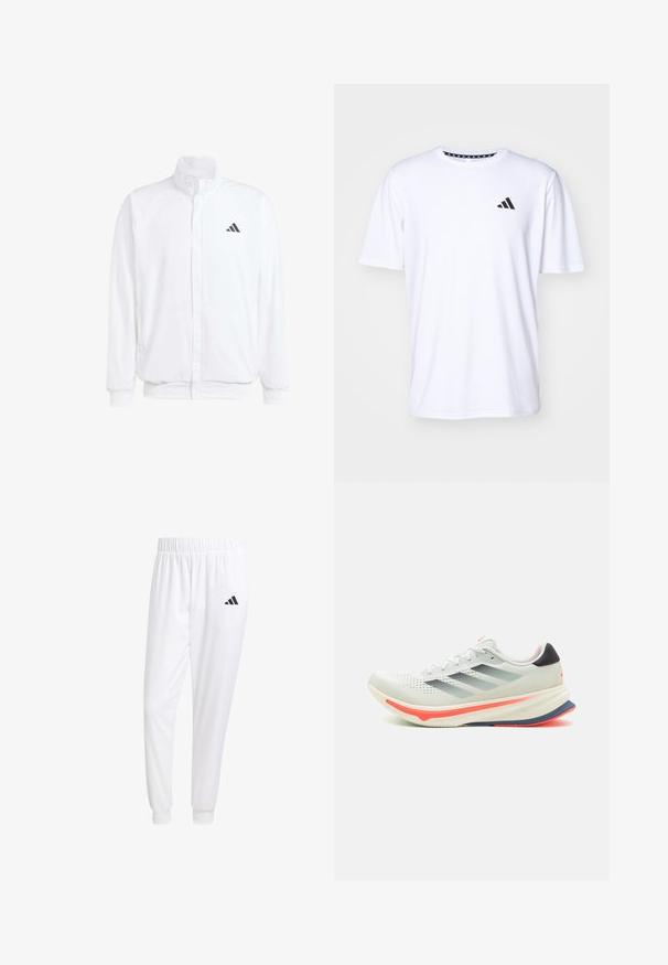 White lightweight jacket featuring a stand collar, front zipper closure, side pockets, and a black Adidas logo on the left chest. Soft texture.; White short-sleeve t-shirt made of fabric with a smooth texture. Features a black adidas logo on the left chest and a patterned collar.; White athletic pants made of smooth fabric, featuring an elastic waistband and fitted cuffs, with a black logo on the back pocket.; adidas Performance SUPERNOVA RISE - Road running shoes - crystal jade/carbon/solar red