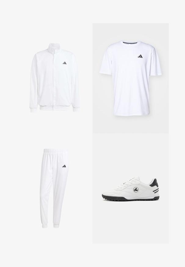 Biela ľahká bunda so stojáčikovým golierom, predným zipsom, bočnými vreckami a čiernym logom Adidas na ľavej hrudi. Mäkčená štruktúra.; Biela krátkoprstá tričko vyrobené z látky s hladkou textúrou. Má čierne logo adidas na ľavej hrudi a vzorovaný golier.; Biele športové nohavice z hladkej tkaniny, s elastickým pásom a priliehavými manžetami, s čiernym logom na zadnej vrecku.; Biele športové topánky s hladkým koženým zvrškom, čiernymi akcentmi, textúrovanou podrážkou a guľatým logom na boku. Majú úzke šnurovanie.