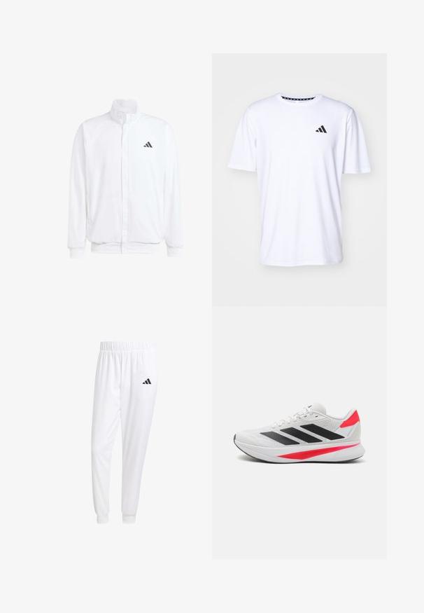 Balta lengva striukė su stovinčiu apykaklės, priekyje užtrauktuku, šoninėmis kišenėmis ir juodu Adidas logotipu kairėje krūtinės pusėje. Minkšta tekstūra.; Balta trumpa rankovėmis marškinėliai pagaminti iš lygaus audinio. Ant kairės krūtinės yra juodas adidas logotipas ir raštuota apykaklė.; Balti sportiniai keliaraiščiai, pagaminti iš lygios medžiagos, su elastinga liemene ir priglundančiais rankogaliais, ant galinio kišenės yra juodas logotipas.; Balti sportiniai bateliai su juodomis juostelėmis, tekstūruota viršutine dalimi, rožiniais akcentais ir lengvu padu su "LIGHTMOTION" prekės ženklu.