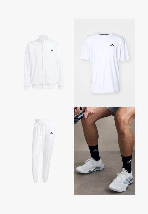Balts viegls jaciņš ar stāvo apkakli, priekšējo rāvējslēdzēju, sānu kabatām un melnu Adidas logo kreisajā krūtī. Mīksta tekstūra.; Balta īsām piedurknēm T-kreklu, kas izgatavots no auduma ar gludu tekstūru. Tam ir melns adidas logo kreisajā krūtī un rakstains apkakles dizains.; Baltas sporta bikses, kas izgatavotas no gludas auduma, ar elastīgu jostu un pieguļošiem uzmavām, ar melnu logotipu aizmugurējā kabatā.; Baltas sporta apavi ar pelēkiem akcentiem, teksturētu materiālu un kurpju saites dizainu. Valkāti ar melnajām zeķēm, kurām ir logotips.