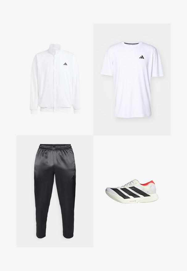 Biała lekka kurtka z podwyższonym kołnierzem, przednim zamkiem błyskawicznym, bocznymi kieszeniami oraz czarnym logo Adidas na lewej piersi. Miękka tekstura.; Biała koszulka z krótkim rękawem, wykonana z tkaniny o gładkiej fakturze. Posiada czarne logo adidas na lewej piersi oraz wzorzysty kołnierzyk.; Czarne spodnie sportowe wykonane z gładkiego, lekkiego materiału z elastycznym paskiem w talii. Posiadają małe logo po lewej stronie oraz zwężane nogawki.; Białe buty sportowe z czarnymi ukośnymi paskami, czerwonymi akcentami na pięcie oraz fakturowaną cholewką; wyposażone w amortyzację LIGHTSTRIKE PRO.