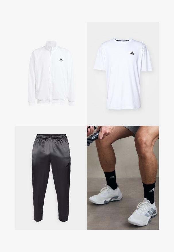 Witte lichtgewicht jas met een staande kraag, voorzijde met rits, zijzakken en een zwart Adidas-logo op de linkerborst. Zachte textuur.; Witte T-shirt met korte mouwen, gemaakt van stof met een gladde textuur. Heeft een zwart adidas-logo op de linkerborst en een geborduurde kraag.; Zwarte sportbroek gemaakt van gladde, lichte stof met een elastische tailleband. Heeft een klein logo aan de linkerkant en taps toelopende pijpen.; Witte sportieve schoenen met grijze accenten, een textuurmateriaal en een vetersluiting. Draagt een paar zwarte sokken met een logo.