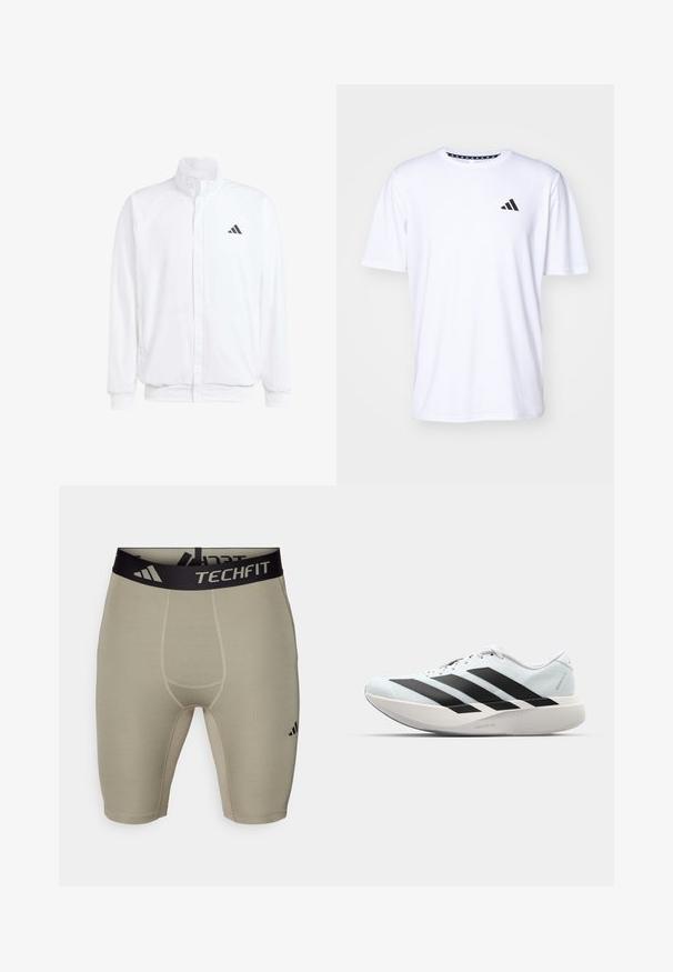 Valge kerge jakk, millel on seisev krae, ees lukuga kinnitus, küljetaskud ja must Adidas logo vasakul rinnal. Pehme tekstuur.; Valge lühikeste varrukatega T-särk, mis on valmistatud sileda tekstuuriga kangast. Vasakul rinnal on must adidas logo ja mustriline krae.; adidas Performance BASE SHORT - Retuusid - silver pebble; Kerged jooksujalatsid helesinises värvuses mustade triipudega. Omavad siledat pealispinda, ümarat varvase osa ja paksu valget vahemõõtu, millel on silt "LIGHTSTRIKE PRO".