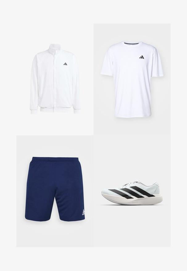Fehér, könnyű dzseki, álló gallérral, elülső cipzáros záródással, oldalsó zsebekkel és fekete Adidas logóval a bal mellen. Puha tapintású.; Fehér, rövid ujjú póló sima tapintású anyagból. Az elülső részen fekete adidas logó található a bal mellrészen, valamint mintás gallér jellemzi.; Tengeri sportrövidnadrág légáteresztő anyagból. Rugalmas derékpánttal rendelkezik, és fehér Adidas logó található az alsó jobb oldalon.; Világoskék, fekete csíkos könnyű futószerek. Simább felső résszel, kerek orral és vastag fehér középtalppal, amelyen a "LIGHTSTRIKE PRO" felirat olvasható.