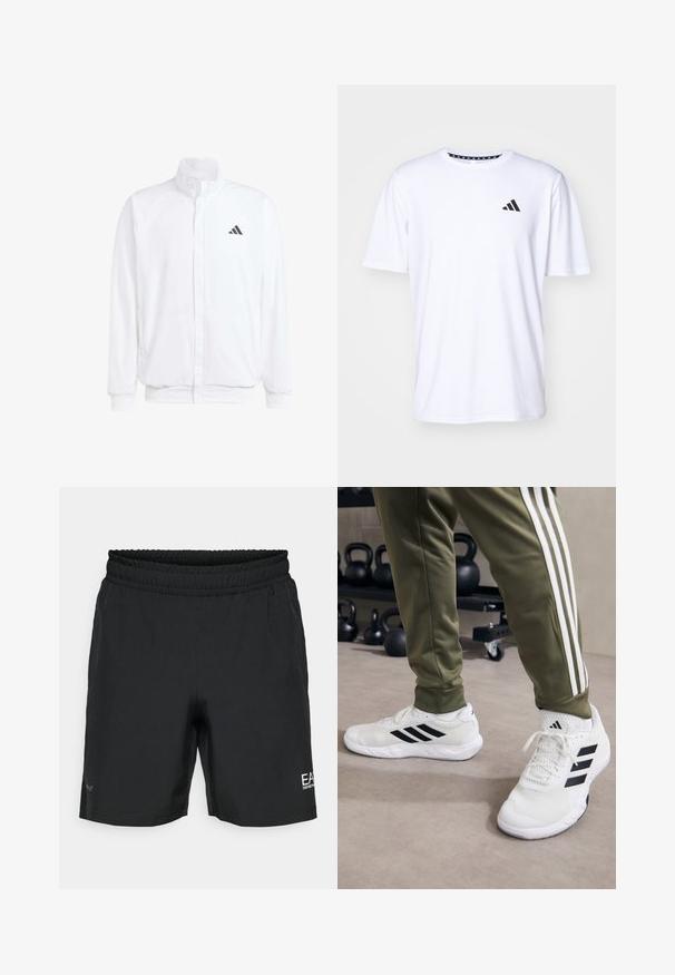 Casaco leve branco com colarinho alto, fecho frontal com zipper, bolsos laterais e um logótipo preto da Adidas no peito esquerdo. Textura suave.; T-shirt branco de mangas curtas feito de um tecido com uma textura suave. Apresenta um logótipo preto da adidas no lado esquerdo do peito e uma gola estampada.; Calções atléticos pretos com um cós elástico, feitos de tecido suave. Apresenta um pequeno logótipo branco na parte inferior da perna direita.; Ténis de desporto brancos com riscas pretas, textura em malha e colarinho acolchoado, combinados com calças verde-oliva com riscas brancas laterais.