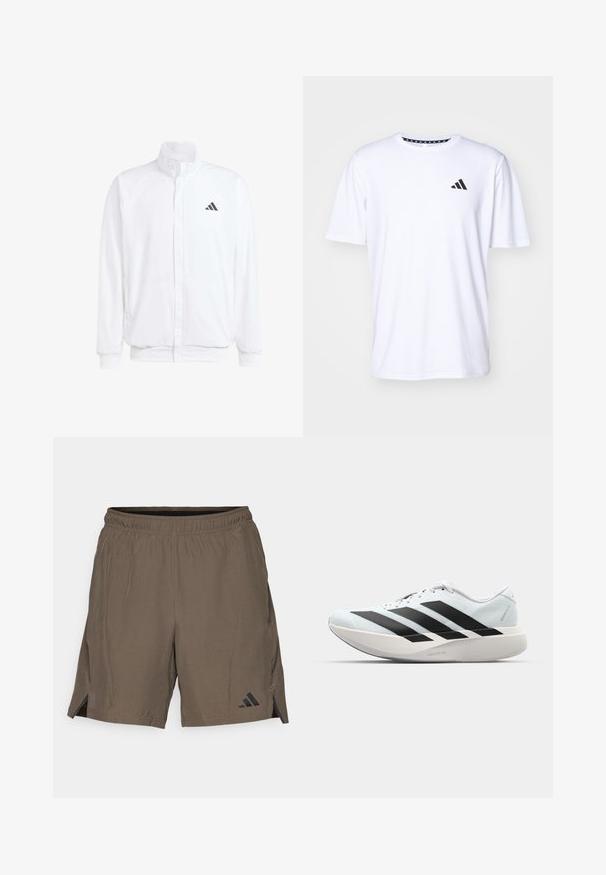 Veste légère blanche avec col montant, fermeture éclair sur le devant, poches latérales, et un logo Adidas noir sur la poitrine gauche. Texture douce.; T-shirt blanc à manches courtes en tissu à texture lisse. Présente un logo adidas noir sur le côté gauche de la poitrine et un col à motifs.; adidas Performance D4T WORKOUT - Short de sport - shadow olive; Baskets de course légères en bleu pâle avec des rayures noires. Elles présentent un dessus lisse, un embout rond et une semelle intermédiaire blanche épaisse étiquetée "LIGHTSTRIKE PRO".