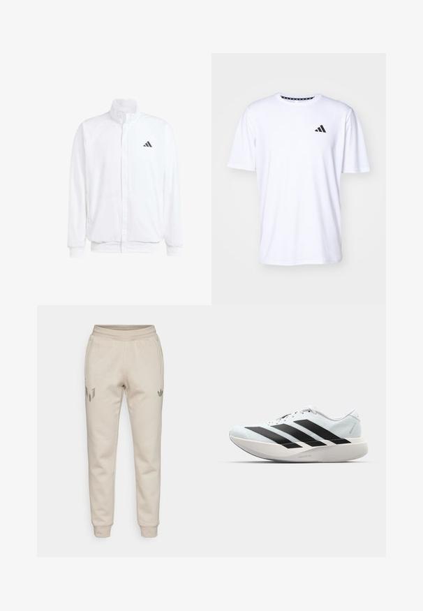 Fehér, könnyű dzseki, álló gallérral, elülső cipzáros záródással, oldalsó zsebekkel és fekete Adidas logóval a bal mellen. Puha tapintású.; Fehér, rövid ujjú póló sima tapintású anyagból. Az elülső részen fekete adidas logó található a bal mellrészen, valamint mintás gallér jellemzi.; Beige szabadidőnadrág textúrázott felülettel. Jellemzője az elasztikus derékpánt és a szűkített lábak. Figyelemre méltó logók a bal combon és a jobb zseben.; Világoskék, fekete csíkos könnyű futószerek. Simább felső résszel, kerek orral és vastag fehér középtalppal, amelyen a "LIGHTSTRIKE PRO" felirat olvasható.