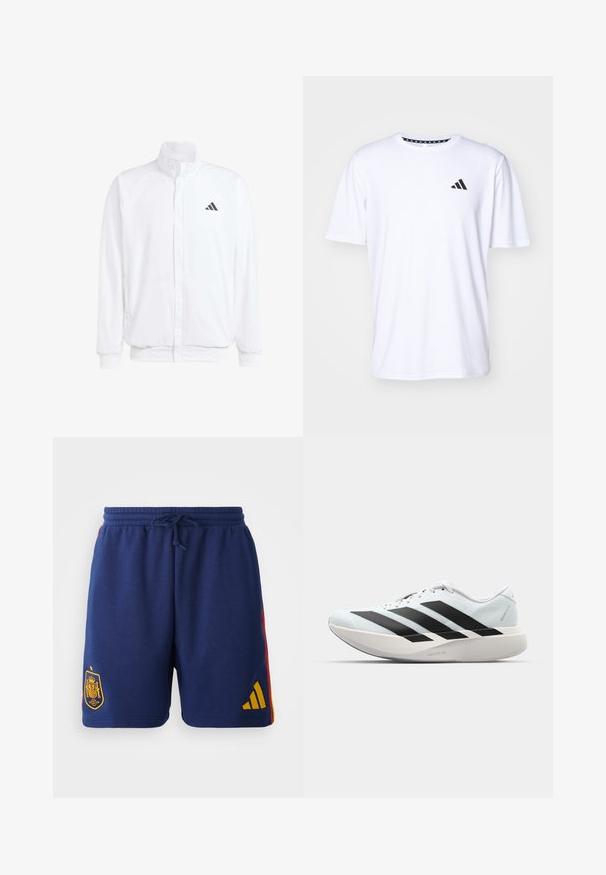 Bijela lagana jakna s visokim ovratnikom, prednjim zatvaračem, bočnim džepovima i crnim Adidas logom na lijevoj sisi. Mekana tekstura.; Bijela kratkotrajna majica s kratkim rukavima izrađena od tkanine s glatkom teksturom. Sadrži crni adidas logotip na lijevoj strani prsnog koša i uzorak na ovratniku.; Tamnoplave atletske kratke hlače od mekanog materijala, s imbrom španjolskog grba i žutim Adidas logom; s crvenim bočnim detaljima i kontrastnim pojasom s vezicom.; Lagane tenisice za trčanje u svijetloplavoj boji s crnim trakama. Imaju glatku gornju površinu, okrugli vrh i debeli bijeli srednji sloj označen "LIGHTSTRIKE PRO."
