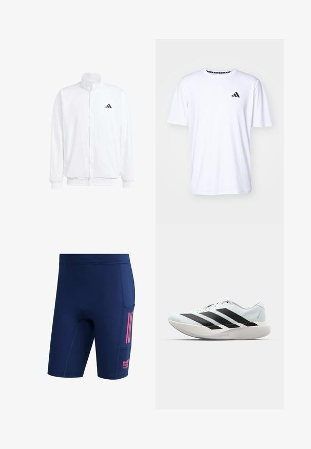 Vit lättviktsjacka med ståkrage, framdragkedja, sidofickor och en svart Adidas-logotyp på vänster bröst. Mjuk textur.; Vit kortärmad t-shirt gjord av tyg med en slät textur. Har en svart adidas-logotyp på vänster bröst och en mönstrad krage.; Mörkblå sportshorts med sidficka, rosa ränder och texten "BMW Berlin Marathon" på fickområdet.; Lätta löparskor i ljusblått med svarta ränder. Har en slät ovandel, rund tå och tjock vit mellansula märkt "LIGHTSTRIKE PRO."