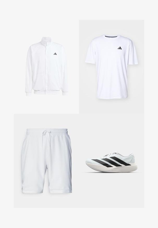 Bílá lehká bunda s stojatým límcem, předním zipem, bočními kapsami a černým logem Adidas na levé hrudi. Měkká textura.; Bílý tričko s krátkým rukávem vyrobené z látky s hladkou texturou. Na levé hrudi se nachází černé logo adidas a vzorovaný límeček.; Bílé sportovní šortky s elastickým pasem a nastavitelnou tkaničkou. Hladká tkanina s jemnou strukturou, obsahující boční kapsy.; Lehké běžecké boty v světle modré barvě s černými pruhy. Mají hladký svršek, kulatou špičku a silnou bílou mezipodešev označenou "LIGHTSTRIKE PRO."