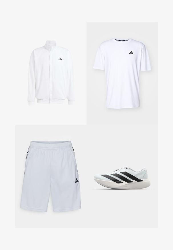 White lightweight jacket featuring a stand collar, front zipper closure, side pockets, and a black Adidas logo on the left chest. Soft texture.; White short-sleeve t-shirt made of fabric with a smooth texture. Features a black adidas logo on the left chest and a patterned collar.; adidas Performance Sports shorts - halo silver-coloured/black; Lightweight running shoes in pale blue with black stripes. Features a smooth upper, round toe, and thick white midsole labeled "LIGHTSTRIKE PRO."