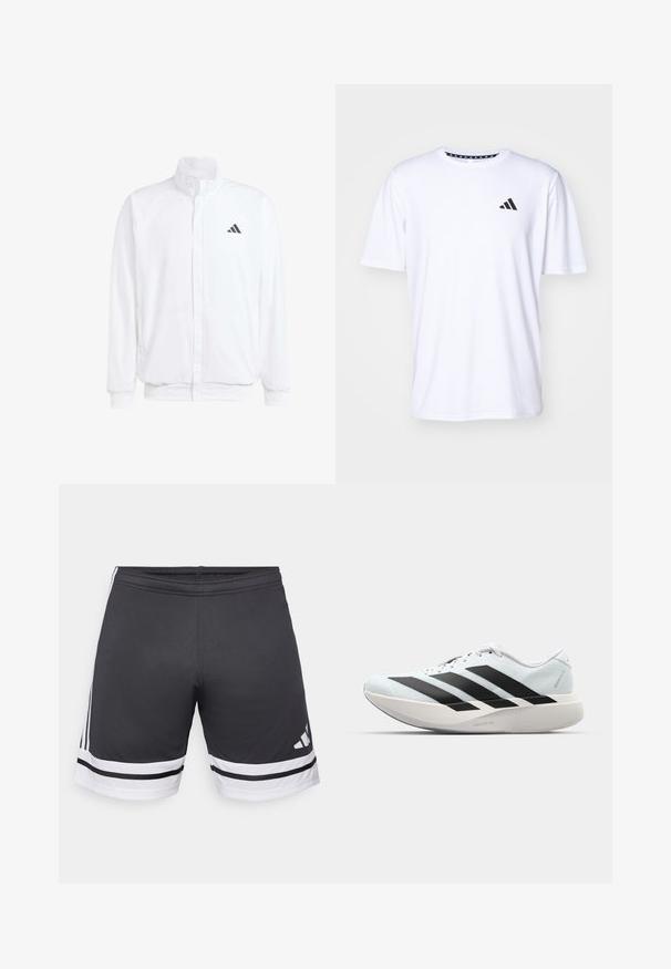 Casaco leve branco com colarinho alto, fecho frontal com zipper, bolsos laterais e um logótipo preto da Adidas no peito esquerdo. Textura suave.; T-shirt branco de mangas curtas feito de um tecido com uma textura suave. Apresenta um logótipo preto da adidas no lado esquerdo do peito e uma gola estampada.; Calções atléticos pretos feitos de tecido liso. Apresenta riscas brancas na bainha e nas laterais. Cintura elástica para mais conforto. Logótipo na parte inferior.; Tênis de corrida leves em azul pálido com riscas pretas. Apresentam um cabedal liso, bico redondo e uma entressola espessa branca rotulada como "LIGHTSTRIKE PRO."
