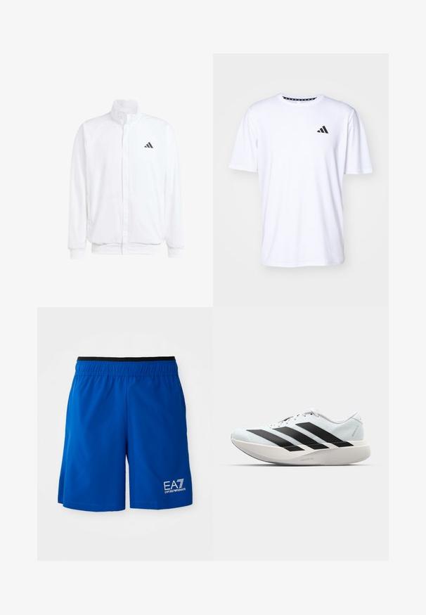 Biela ľahká bunda so stojáčikovým golierom, predným zipsom, bočnými vreckami a čiernym logom Adidas na ľavej hrudi. Mäkčená štruktúra.; Biela krátkoprstá tričko vyrobené z látky s hladkou textúrou. Má čierne logo adidas na ľavej hrudi a vzorovaný golier.; Modré športové šortky s elastickým pásom, s bielym logom na ľavej strane. Vyrobené z ľahkej textílie s hladkou štruktúrou.; Ľahké bežecké topánky v svetlomodrej farbe s čiernymi pruhmi. Majú hladký zvršok, okrúle špičky a hrubú bielu medzipodrážku označenú "LIGHTSTRIKE PRO."