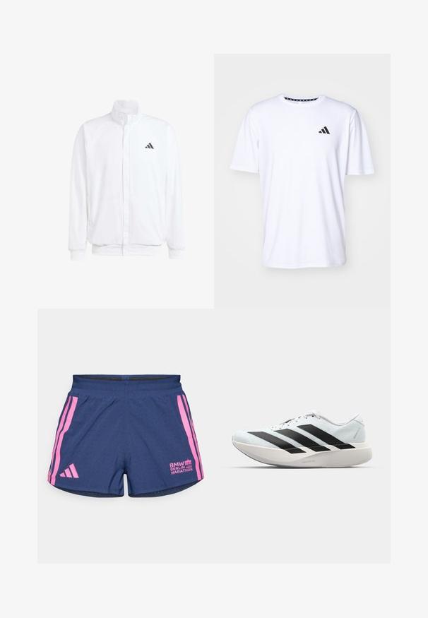 Vit lättviktsjacka med ståkrage, framdragkedja, sidofickor och en svart Adidas-logotyp på vänster bröst. Mjuk textur.; Vit kortärmad t-shirt gjord av tyg med en slät textur. Har en svart adidas-logotyp på vänster bröst och en mönstrad krage.; adidas Performance BER25 SPLIT SHORT - Träningsshorts - collegiate navy; Lätta löparskor i ljusblått med svarta ränder. Har en slät ovandel, rund tå och tjock vit mellansula märkt "LIGHTSTRIKE PRO."