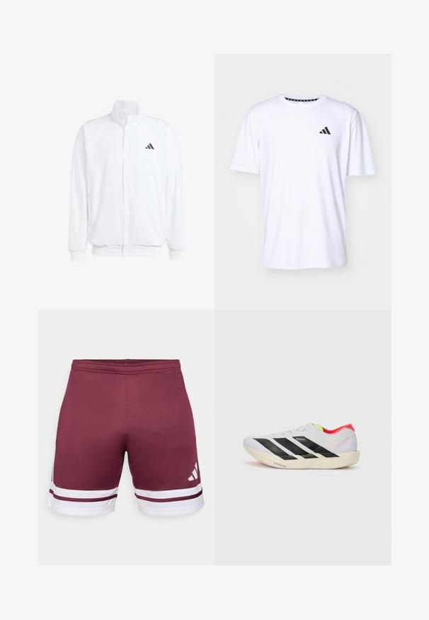 Biela ľahká bunda so stojáčikovým golierom, predným zipsom, bočnými vreckami a čiernym logom Adidas na ľavej hrudi. Mäkčená štruktúra.; Biela krátkoprstá tričko vyrobené z látky s hladkou textúrou. Má čierne logo adidas na ľavej hrudi a vzorovaný golier.; Bordové športové šortky s bielymi pruhmi. Hladká textura, elastický pás, s logom na spodnej strane.; Biele behacie topánky s čiernymi pruhmi, neonovo zelenými akcentmi a červeným podpätkom. Majú ľahkú konštrukciu a textúrovanú podrážku pre lepšiu trakciu.