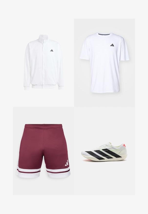 White lightweight jacket featuring a stand collar, front zipper closure, side pockets, and a black Adidas logo on the left chest. Soft texture.; White short-sleeve t-shirt made of fabric with a smooth texture. Features a black adidas logo on the left chest and a patterned collar.; Maroon athletic shorts with white stripes. Smooth texture, elastic waistband, features a logo detail on the lower side.; White athletic shoe with black diagonal stripes, lightweight mesh material, green accents, and red heel tab; features a sleek, elongated design.