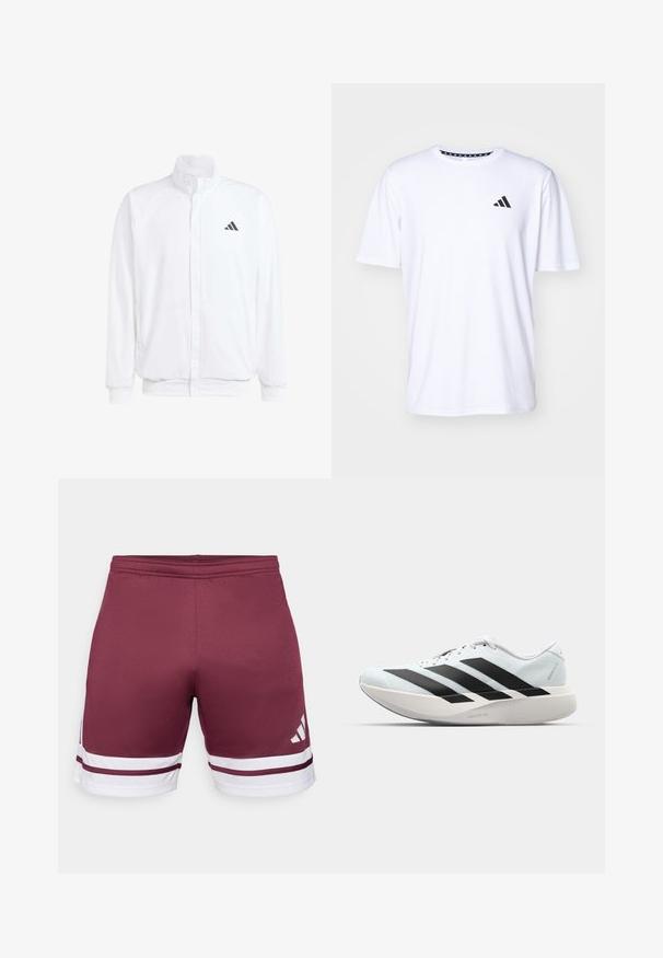 Bela lahka jakna s stojčnim ovratnikom, sprednjim zadrgo, stranskimi žepi in črnimi Adidasovimi logotipi na levem prsnem delu. Mehak material.; Bela kratka majica s kratkimi rokavi iz tkanine z gladko teksturo. Ima črn adidas logotip na levi strani prsnega koša in vzorčeno ovratnico.; Bordo športne kratke hlače z belimi črtami. Gladka tekstura, elastičen pas, vsebuje detajl logotipa na spodnji strani.; Lahki tekaški čevlji v svetlo modri barvi z belimi črtami. Imajo gladek zgornji del, okroglo kapico in debel bel srednji podplat z označbo "LIGHTSTRIKE PRO."