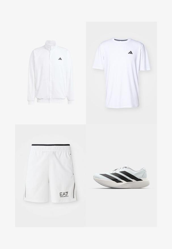 Balta lengva striukė su stovinčiu apykaklės, priekyje užtrauktuku, šoninėmis kišenėmis ir juodu Adidas logotipu kairėje krūtinės pusėje. Minkšta tekstūra.; Balta trumpa rankovėmis marškinėliai pagaminti iš lygaus audinio. Ant kairės krūtinės yra juodas adidas logotipas ir raštuota apykaklė.; Baltos sportinės šortai su juodu elastiniu juosmeniu, šoninėmis skeltėmis ir juodu "EA7 Emporio Armani" logotipu kairėje kojoje.; Lengvi bėgimo batai šviesiai mėlynos spalvos su juodomis juostelėmis. Yra lygus viršus, apvalus pirštas ir storas baltas vidpadis su užrašu "LIGHTSTRIKE PRO."