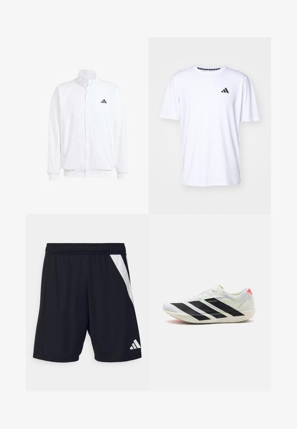 Jachetă albă ușoară, cu guler în picioare, închidere cu fermoar în față, buzunare laterale și un logo Adidas negru pe pieptul stâng. Textură moale.; Tricou alb cu mânecă scurtă dintr-un material cu o textură netedă. Dispune de un logo negru adidas pe pieptul stâng și un guler cu un model.; Pantaloni scurți atletici negri cu un tiv elastic, având o bandă albă în diagonală pe partea stângă și un accent cu logo alb în colțul din dreapta jos.; Vastă de sport albă cu dungi diagonale negre, material din plasă ușoară, accente verzi și tab de călcâi roșu; prezintă un design elegant, alungit.