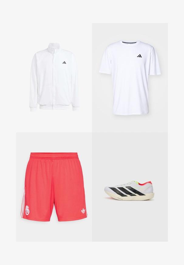 Veste légère blanche avec col montant, fermeture éclair sur le devant, poches latérales, et un logo Adidas noir sur la poitrine gauche. Texture douce.; T-shirt blanc à manches courtes en tissu à texture lisse. Présente un logo adidas noir sur le côté gauche de la poitrine et un col à motifs.; Shorts de sport rouges en tissu léger, avec un logo blanc sur la jambe gauche et trois bandes blanches le long des côtés.; Baskets de course blanches avec des rayures noires, des accents vert fluo et un talon rouge. Caractérisées par un design léger et une semelle texturée pour une meilleure adhérence.