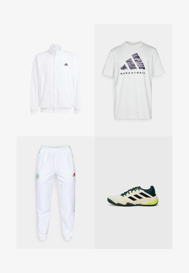 Witte lichtgewicht jas met een staande kraag, voorzijde met rits, zijzakken en een zwart Adidas-logo op de linkerborst. Zachte textuur.; Witte katoenen T-shirt met korte mouwen, voorzien van een paarse en zwarte grafische print van drie strepen en het woord "BASKETBAL."; Witte sportbroek met elastische tailleband, groene zijstripes en rood Adidas-logo. Heeft een ronde geborduurde patch op de dij.; Tennisschoenen met een crèmekleurige bovenkant, zwarte strepen, groene accenten en een gestructureerde rubberen zool voor grip. Gemaakt van synthetische materialen.