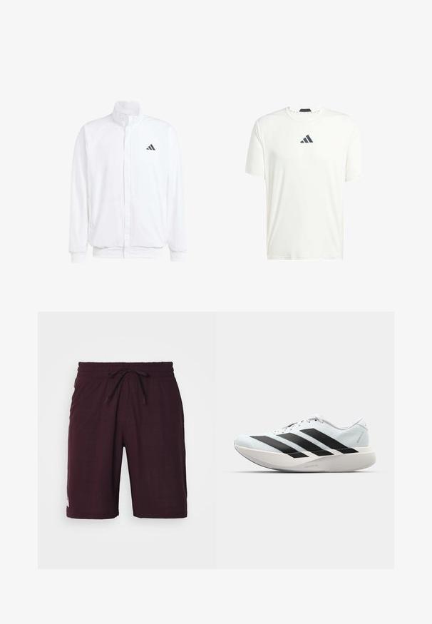 Bela lahka jakna s stojčnim ovratnikom, sprednjim zadrgo, stranskimi žepi in črnimi Adidasovimi logotipi na levem prsnem delu. Mehak material.; Bela kratka majica s kratkimi rokavi iz lahkotnega materiala, s krožnim izrezom in temno sivo logo na prsih. Gladka tekstura, sproščen kroj.; Bordo kratke hlače iz teksturirane tkanine, z elastičnim pasom in vrvico za zategovanje, ter majhnim belim logotipom na spodnjem robu.; Lahki tekaški čevlji v svetlo modri barvi z belimi črtami. Imajo gladek zgornji del, okroglo kapico in debel bel srednji podplat z označbo "LIGHTSTRIKE PRO."