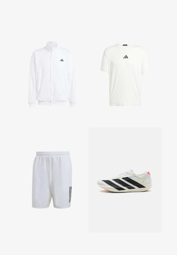 Jachetă albă ușoară, cu guler în picioare, închidere cu fermoar în față, buzunare laterale și un logo Adidas negru pe pieptul stâng. Textură moale.; Tricou alb cu mânecă scurtă, realizat dintr-un material ușor, cu guler rotund și un logo gri închis pe piept. Textură netedă, croială lejeră.; adidas Performance CLUB 3-STRIPES TENNIS - Pantaloni scurți sport - white; Vastă de sport albă cu dungi diagonale negre, material din plasă ușoară, accente verzi și tab de călcâi roșu; prezintă un design elegant, alungit.