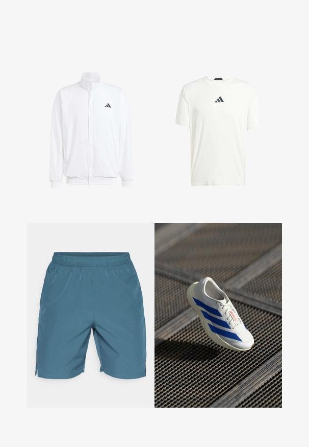 Valge kerge jakk, millel on seisev krae, ees lukuga kinnitus, küljetaskud ja must Adidas logo vasakul rinnal. Pehme tekstuur.; Valge lühikeste varrukate ja kergest kangast T-särk, ümmarguse kaelusega ja tumedashall logo rinnal. Sujuv tekstuur, mitteametlik lõige.; Meeste lühikesed püksid pehmest sinisest kangast, millel on elastne vöökoht, küljetaskud ja lõtv istuvus. Sile tekstuur, ilma nähtavate mustriteta.; Valge sportlik toss, millel on sinised triibud, kerge disain, võrgust ülemine osa, lipsuga sulgemine ja tekstureeritud kummist tald, hõljuv ruudustikul.