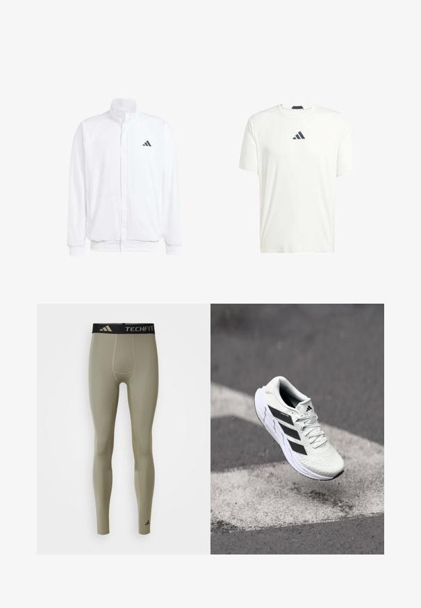 Veste légère blanche avec col montant, fermeture éclair sur le devant, poches latérales, et un logo Adidas noir sur la poitrine gauche. Texture douce.; T-shirt blanc à manches courtes en tissu léger avec un col rond et un logo gris foncé sur la poitrine. Texture lisse, coupe décontractée.; adidas Performance TF BASE - Leggings - silver pebble; Baskets de sport blanches avec un dessus en mesh texturé, des rayures noires, un laçage et une semelle rembourrée, lévitant au-dessus d'une surface de route marquée.