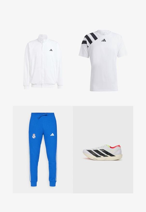 Biała lekka kurtka z podwyższonym kołnierzem, przednim zamkiem błyskawicznym, bocznymi kieszeniami oraz czarnym logo Adidas na lewej piersi. Miękka tekstura.; Biała, lekka koszulka sportowa z czarnymi paskami na lewym ramieniu i czarnym logo na klatce piersiowej. Krótkie rękawy, klasyczny krój z okrągłym dekoltem.; Niebieskie dresy z bawełny z białymi paskami po bokach, elastycznym pasem i sznurkiem. Zawierają logo Real Madryt na lewym udzie.; Białe buty biegowe z czarnymi paskami, neonowozielonymi akcentami i czerwoną piętą. Posiadają lekką konstrukcję oraz teksturowaną podeszwę zapewniającą przyczepność.