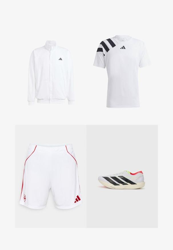 White lightweight jacket featuring a stand collar, front zipper closure, side pockets, and a black Adidas logo on the left chest. Soft texture.; White lightweight athletic shirt with black stripes on the left shoulder and black logo on the chest. Short sleeves, crew neck design.; White athletic shorts with red side accents, elastic waistband, featuring an embroidered team logo and Adidas logo at the hem.; White running shoe with black stripes, neon green accents, and a red heel. Features a lightweight design and textured sole for grip.